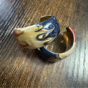 Vintage Gold Tone Red Blue Cream Enamel Swirl Hoop Earrings Cocktail Statement